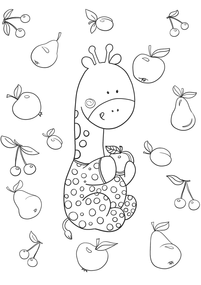 coloring page little giraffe with fruit online