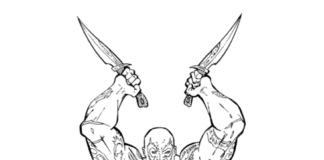 Livro de colorir on-line Lutas de Drax com facas