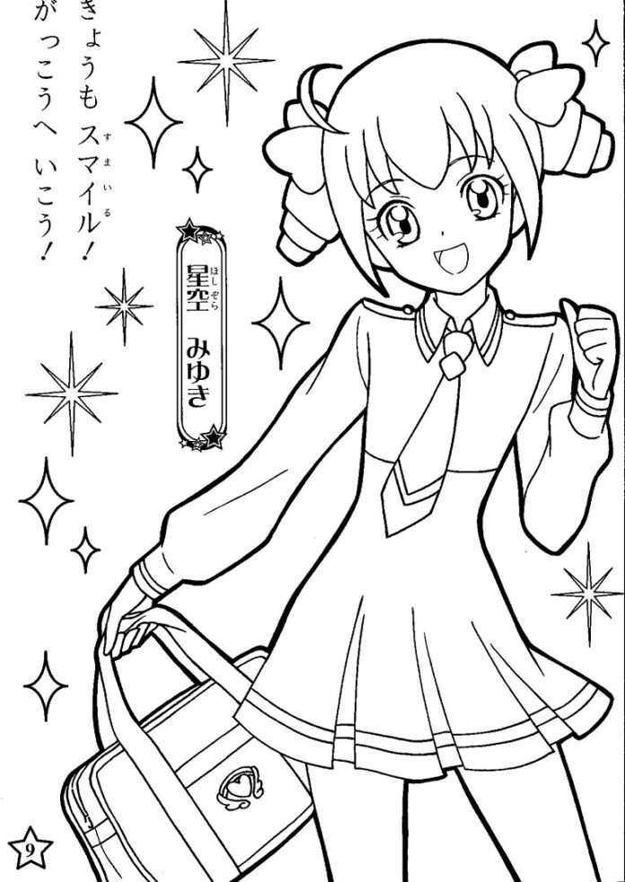 Anime dievča ide do školy na vytlačenie omaľovánky