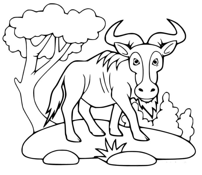 木の下で角を持つ野牛のオンライン塗り絵