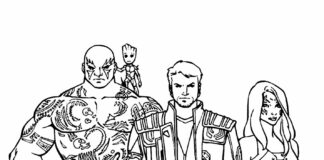 Online coloring book of Groot, Rocket Raccoon, Star-Lord, Drax and Gamora