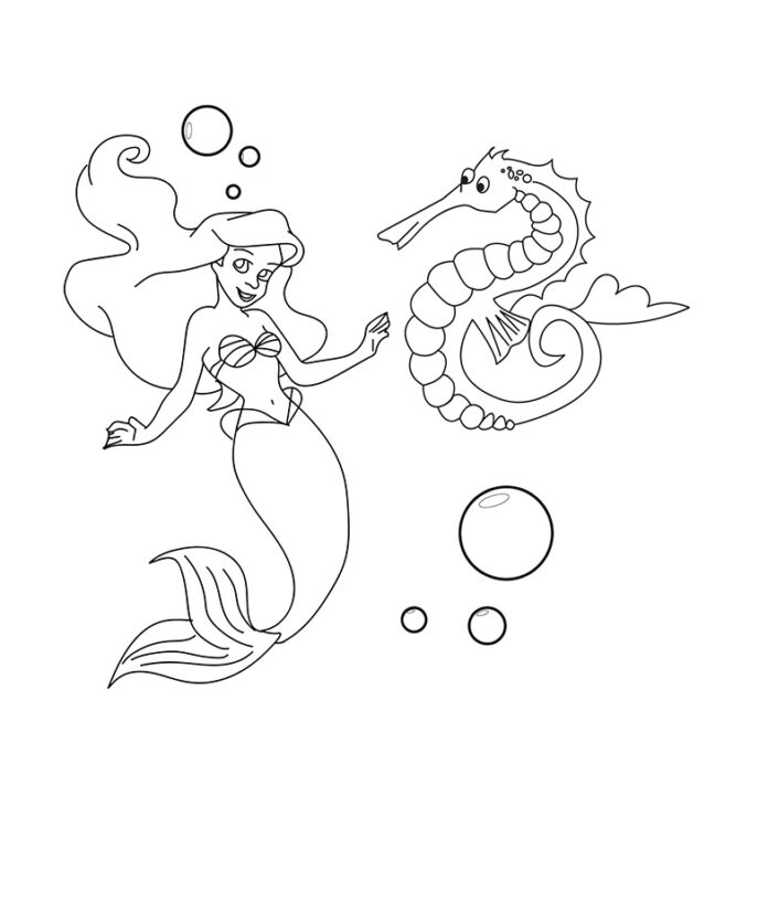 Libro para colorear en línea del caballito de mar y Ariel