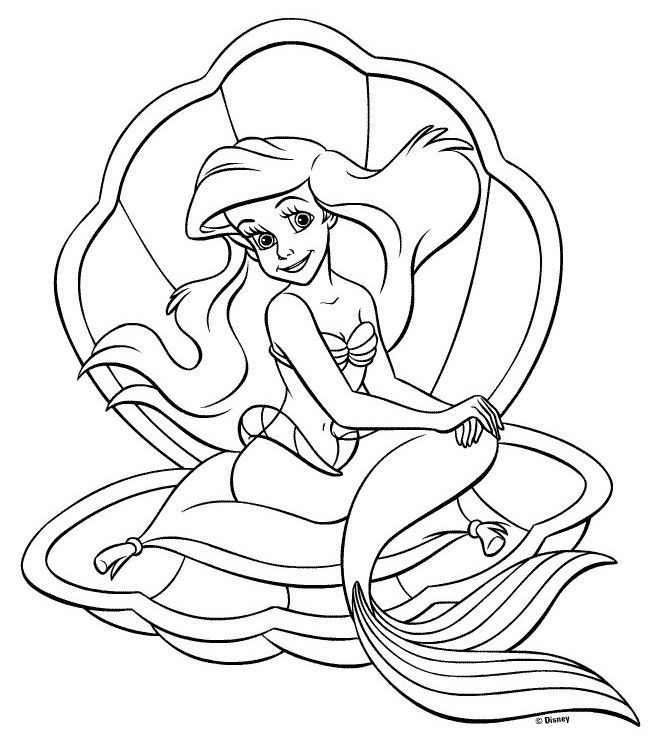 Livre de coloriage en ligne Princesse Ariel dans un coquillage