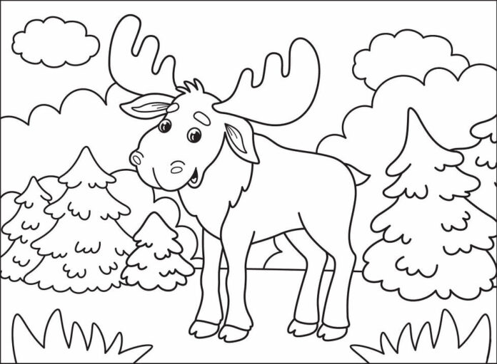Libro da colorare online Alce nella foresta per bambini