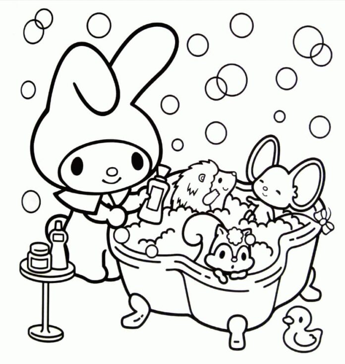 Online coloring book My Melody bathing animals