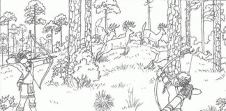 Caçadores no livro de coloração da floresta para as crianças imprimirem