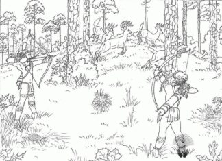 Farvelægningsbog til udskrivning Jægere i skoven for børn