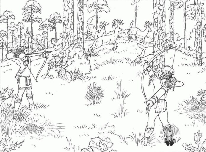 Hunters in the forest coloring book for kids to print