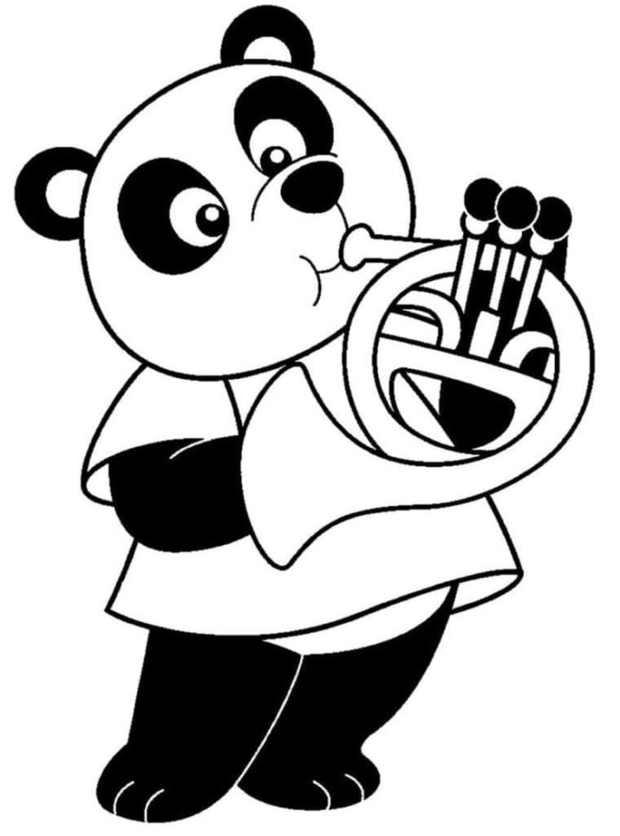 パンダの塗り絵は、印刷するトランペットを演奏する