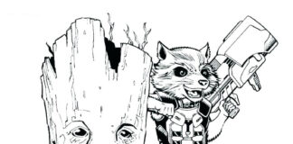 Online malebog med Root og Rocket Raccoon