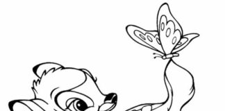 Sarba Bambie a motýl omalovánky k vytisknutí pro děti