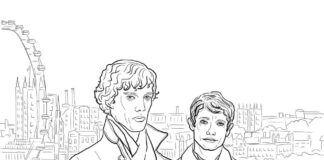 Druckfähiges Malbuch Sherlock Holmes und Watson - London Eye