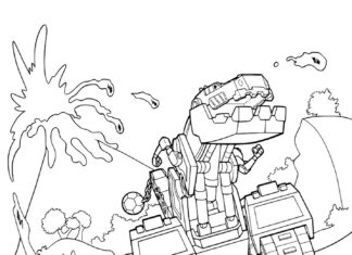 Omaľovánka sopky s karikatúrou Dinotrux na vytlačenie