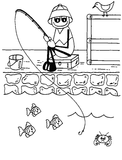 Libro para colorear imprimible Pescador con caña de pescar