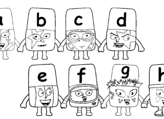 Färgbok Zaba med bokstäver från Alphablocks för barn att skriva ut