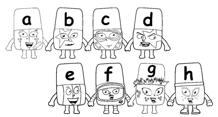 Färgbok Zaba med bokstäver från Alphablocks för barn att skriva ut