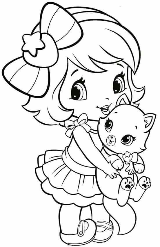 Online coloring book to print for girls - Girl with a kitten