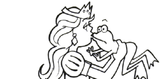 Kolorowanka księżniczka całuje żabę dla dziewczynek