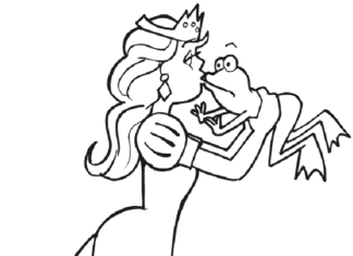 Kolorowanka księżniczka całuje żabę dla dziewczynek