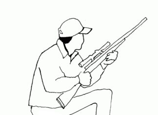 Livro colorido imprimível de um caçador com uma arma e um telescópio