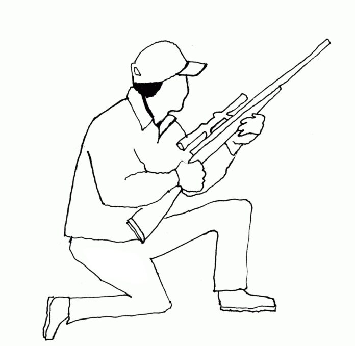 Nyomtatható kifestőkönyv egy vadászról puskával és távcsővel