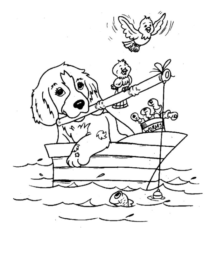 Coloring book dog fisherman fishing to print