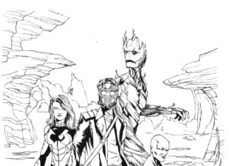 Färgbok med en scen från Guardians of Galaxy-filmen som går att skriva ut