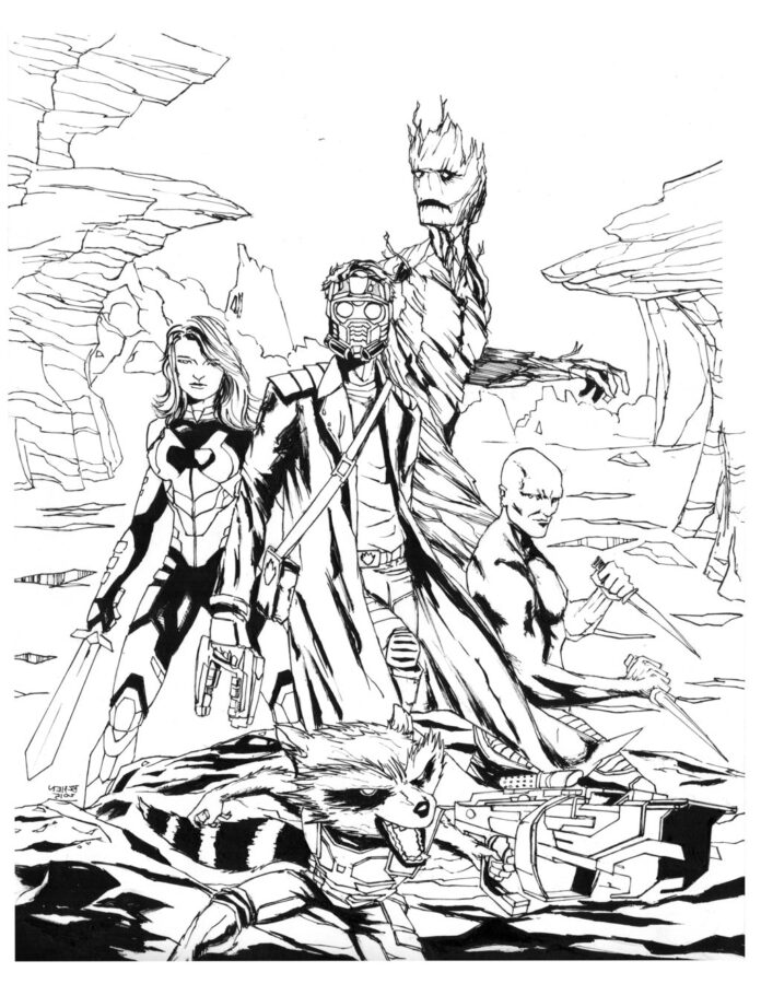 Printable coloring book of a scene from The Guardians of Galaxy movie