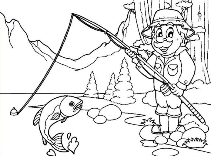 Teckningsbok med en fiskare på fisk för barn som kan skrivas ut