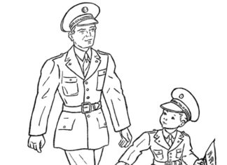 Färgbok på nätet av en amerikansk soldat med sin son