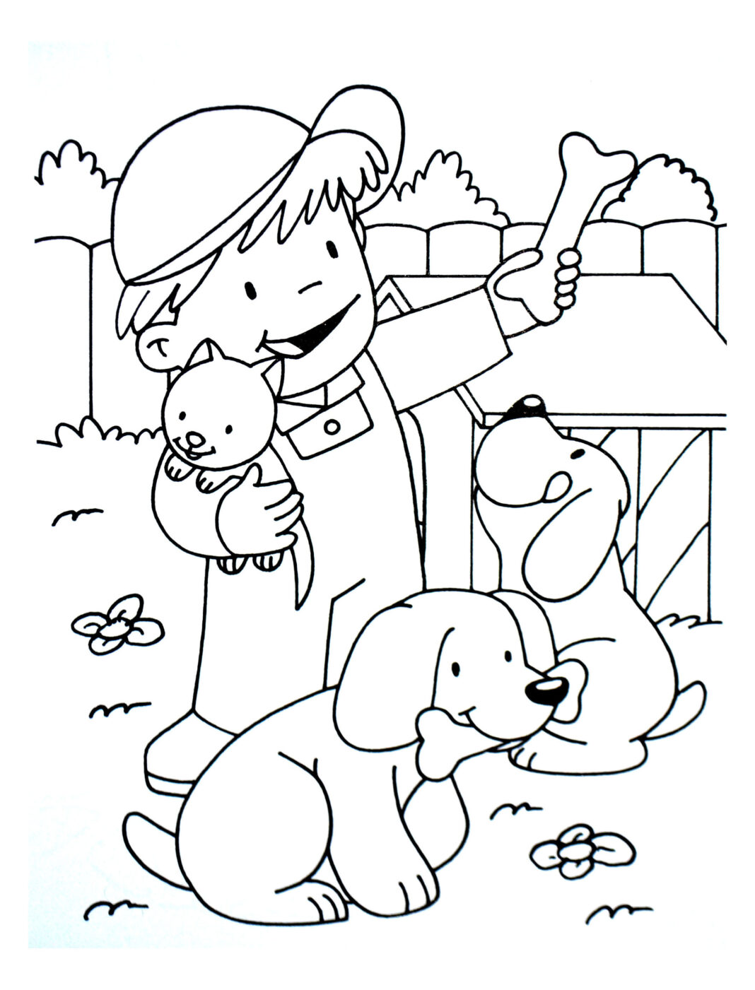 Livro colorido on-line de um menino e seus cães em uma fazenda