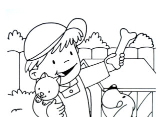Libro para colorear en línea de un niño y sus perros en una granja