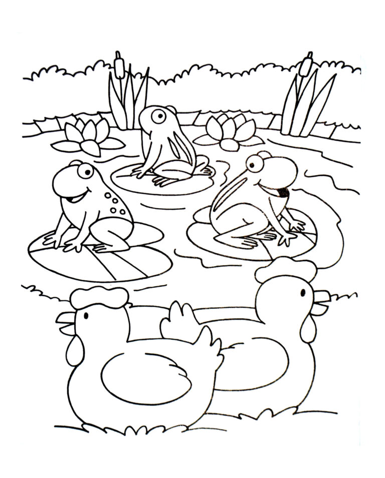 Frogs and chickens on a farm coloring book to print and online