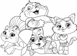 Livro para colorir 44 Gatos do conto de fadas para as crianças imprimirem