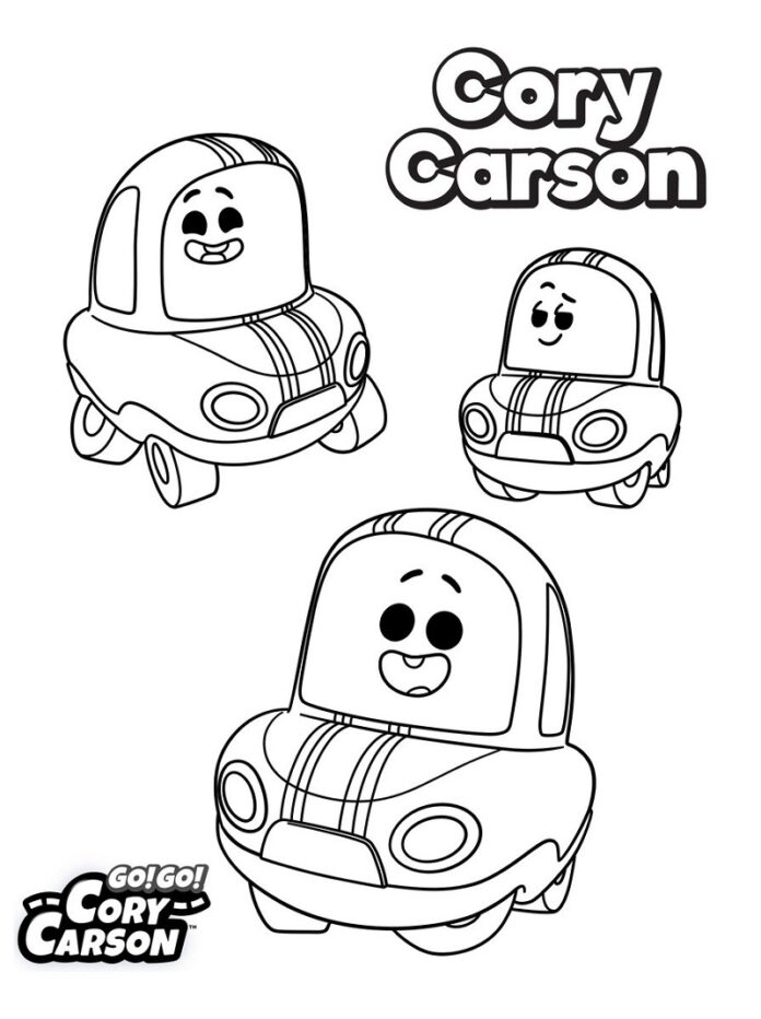 Malbuch Autos aus dem Zeichentrickfilm Go! Los geht's! Cory Carson zum Drucken
