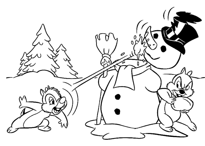 Livro de colorir imprimível para Chip e Dale e o boneco de neve