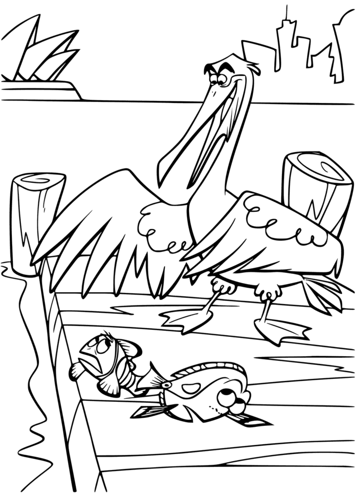 Coloring book Curious pelican on the bridge for kids to print