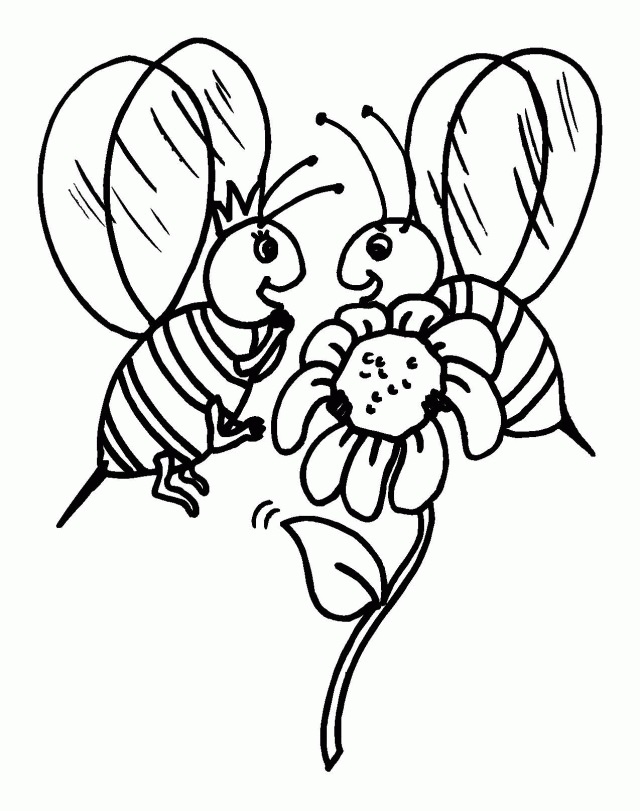 Kolorowanka Dwie pszczoły na kwiatku do druku