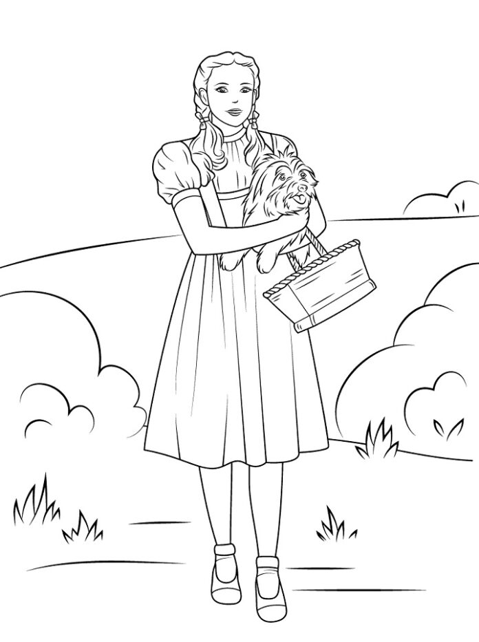 Printable coloring book Girl Dorothy with dog Toto