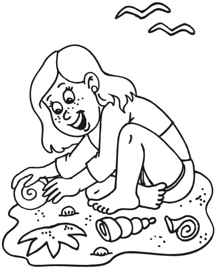 Printable coloring book Girl and shells in the sand