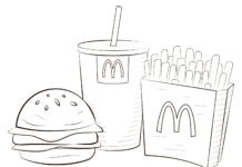 Livre à colorier imprimable sur les frites, le hamburger et le coca-cola de McDonald's.