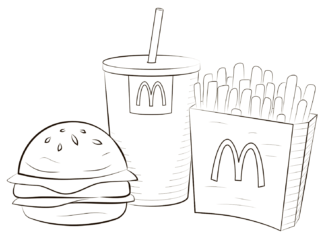 マクドナルドのポテト、ハンバーガー、コカコーラの印刷用塗り絵