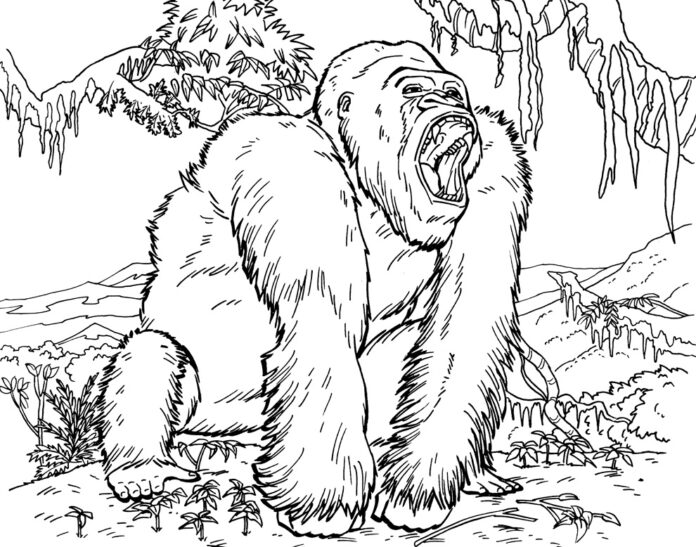 Farvelægningsbog til udskrivning Gorilla i en tropisk skov