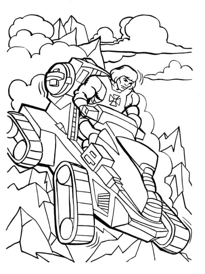 Livro colorido imprimível He-man e veículo militar