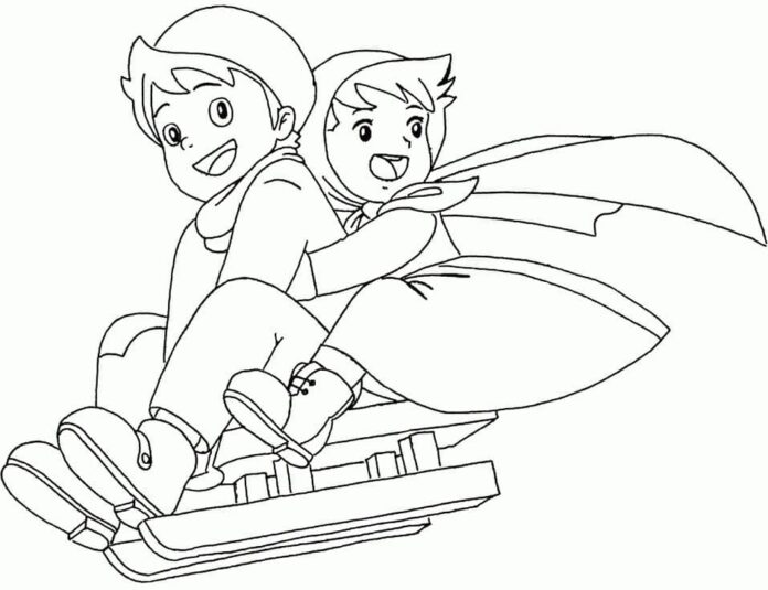 Printable coloring book Heidi goes sledding