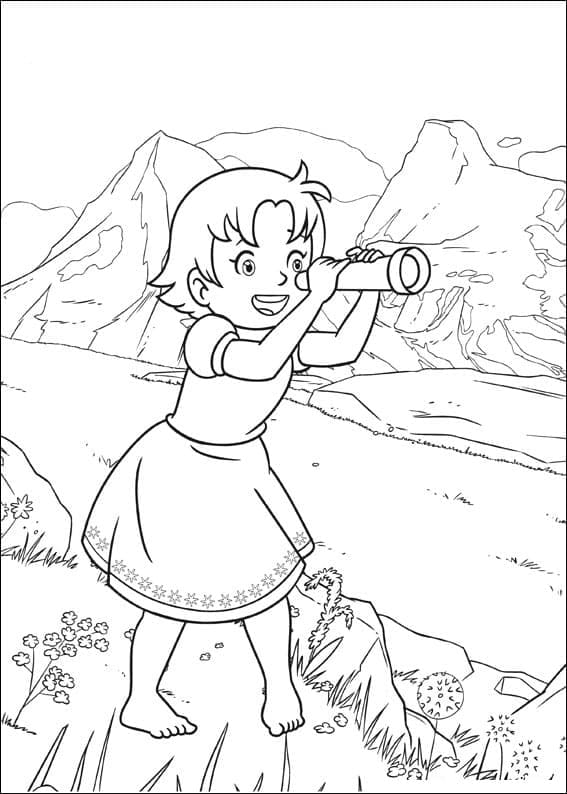 Livre à colorier Heidi regarde à travers le télescope pour imprimer