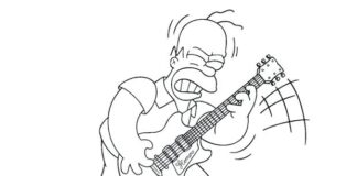 Värityskirja Hommer Simpson soittaa kitaraa