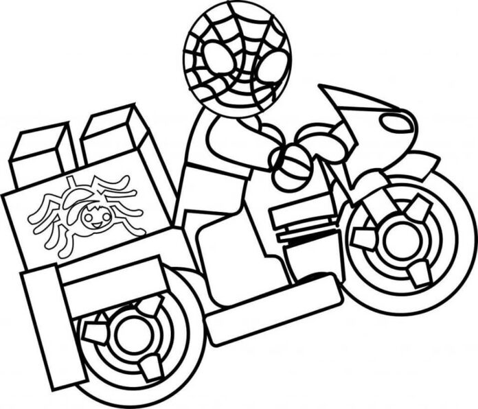 Lego SPidearman-motorcykel til udskrivning som malebog