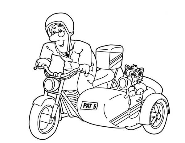 Livro para colorir o carteiro Pat em uma motocicleta
