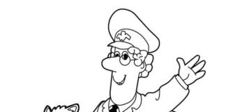 Printable coloring book Postman Pat on a bike